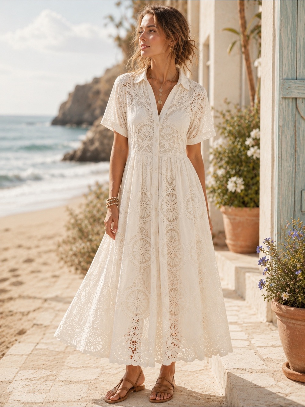 Maeve Anthropologie White Lace Open Back Midi Dress Eyelet Button Front Size 10